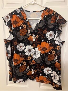 V-Neck Floral Blouse in Black with Orange & White Blooms